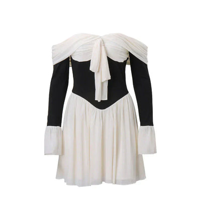 Liora - Tie-Up Contrast Off-Shoulder Dress