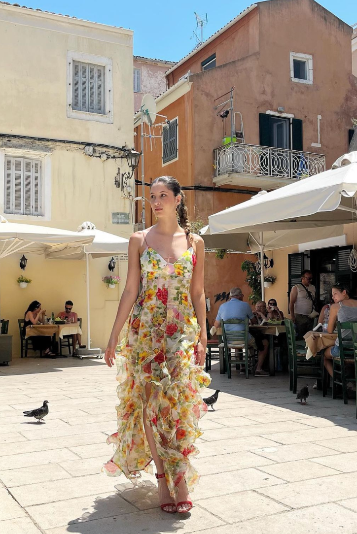 Oceana | Chiffon Rose Print Slit Maxi Dress